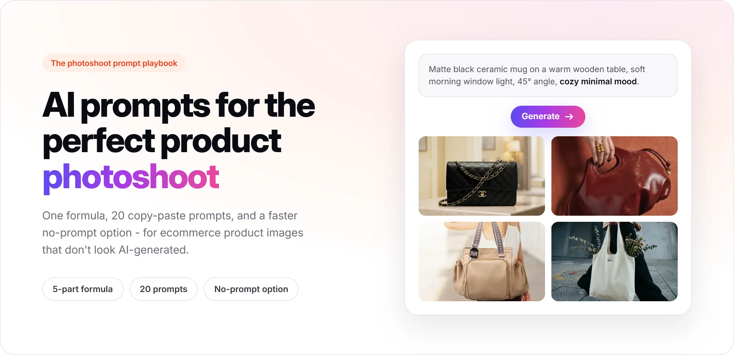 Promer AI landing page: AI prompts for the perfect product photoshoot, with a sample prompt, a Generate button, and four product photo examples