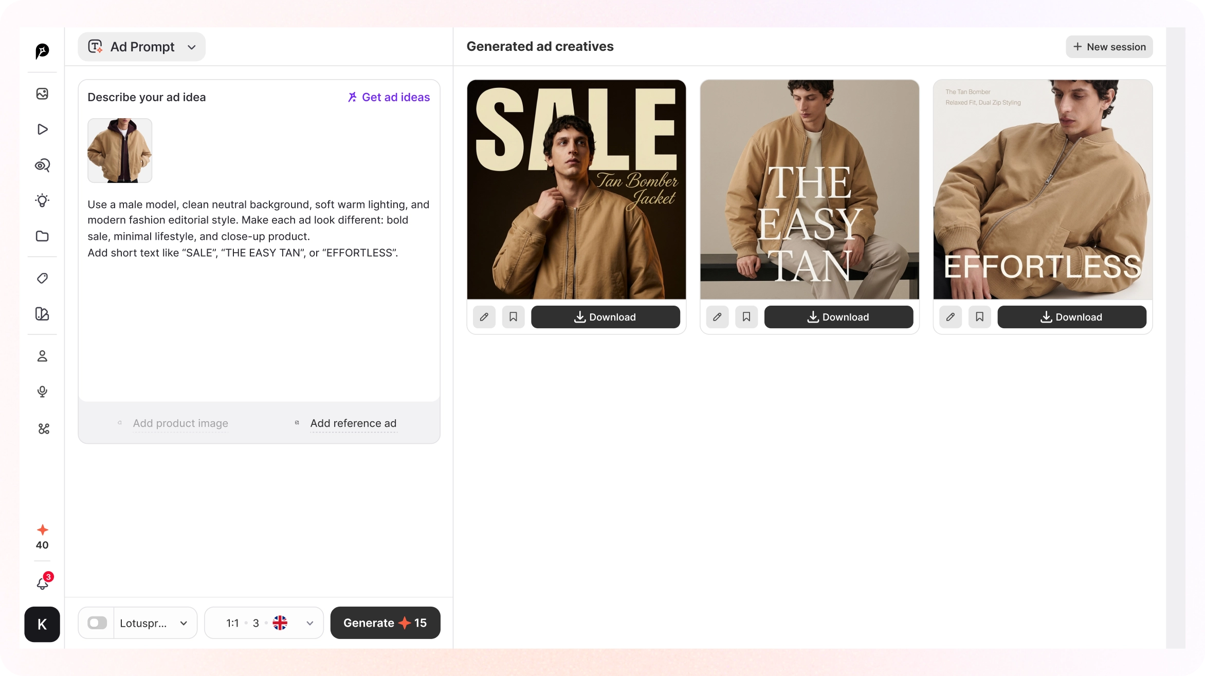 Promer AI's Ad Prompt tool generating three ad creatives for a tan bomber jacket from one product photo and a short written idea