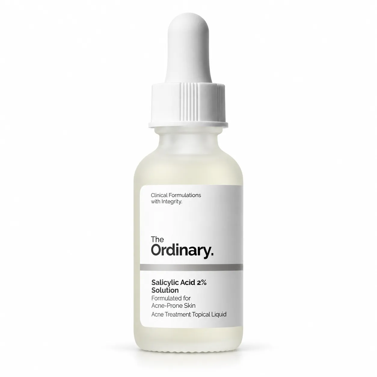Frosted glass serum bottle centered on a pure white seamless background, soft diffused studio lighting from a large softbox, straight-on angle, shot on a 100mm macro lens at f/5.6, clean minimal mood, neutral white color grade, commercial product photography, 1:1.