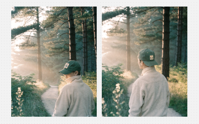 Two Recraft V4.1 images of a hiker in a green cap on a misty trail in the saved film style