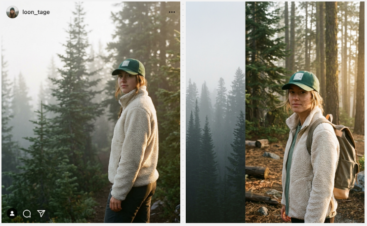 Two Nano Banana 2 results of a hiker wearing the green cap with the front patch visible