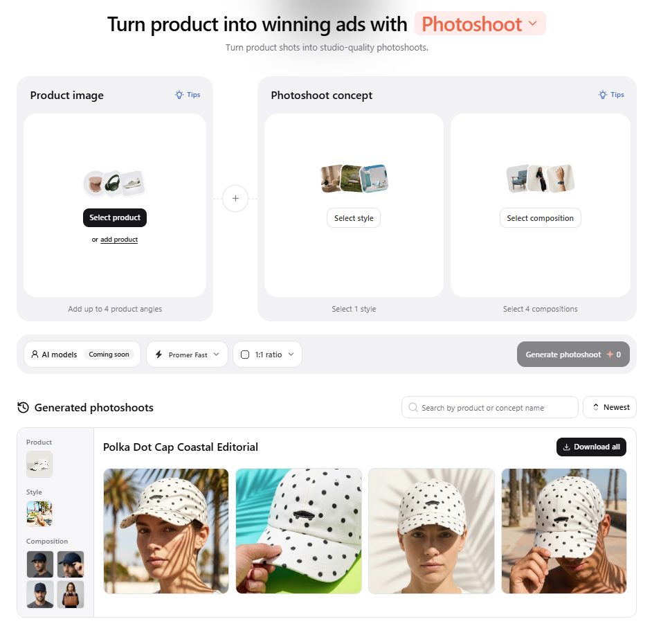 Promer AI Photoshoot in 3 steps: upload product photos, pick a style, generate