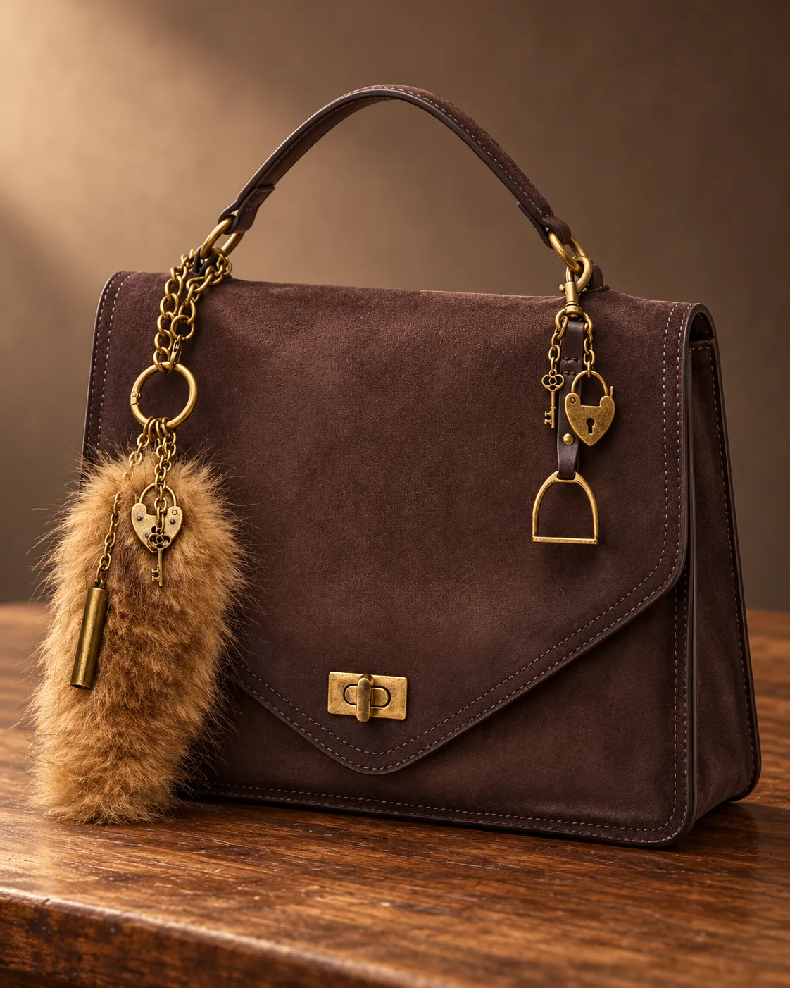 Leather handbag on a wooden studio table with soft side lighting from a single softbox, 45-degree angle, shot on a 50mm lens at f/4, warm heritage mood, warm sepia color grade, commercial product photography, 4:5.