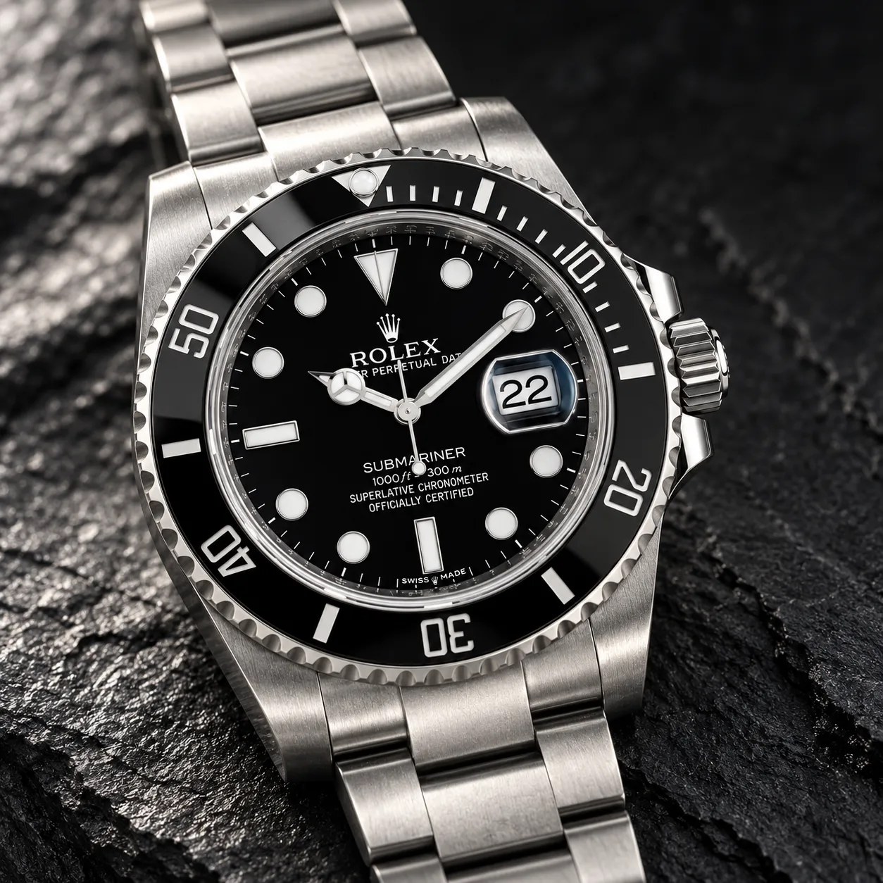 Wristwatch on a dark slate surface with a single dramatic spotlight, close-up angle, shot on a 100mm macro lens at f/2.8, refined luxury mood, deep charcoal color grade, commercial product photography, 1:1.