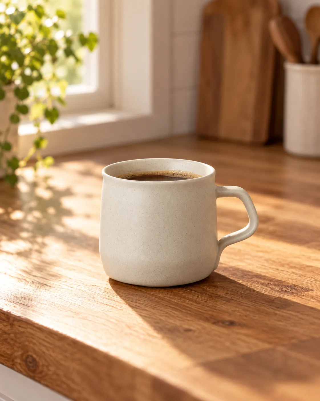 Ceramic coffee mug on a wooden kitchen counter, soft morning light from the left through a window, 45-degree angle, shot on a 50mm lens at f/2.8, cozy minimal mood, warm amber color grade, commercial product photography, 4:5.