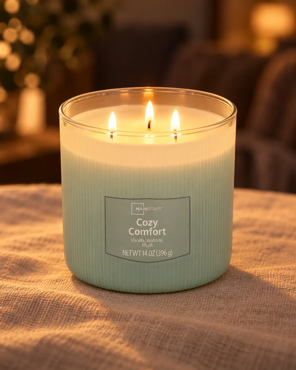 Scented candle on a linen tablecloth with a soft ambient glow, warm evening light, straight-on angle, shot on a 85mm lens at f/2.8, relaxed home mood, warm low-key color grade, commercial product photography, 4:5.
