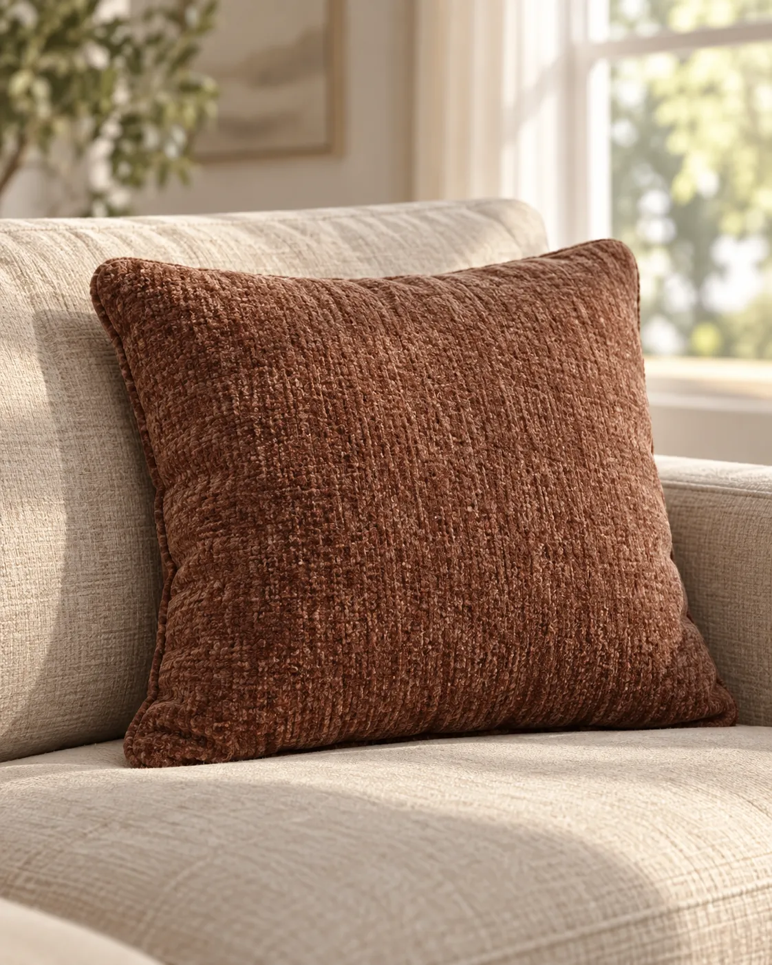 Throw pillow on a neutral sofa with natural window light and a soft shadow, 45-degree angle, shot on a 50mm lens at f/4, comfortable lived-in mood, soft neutral color grade, commercial product photography, 4:5.