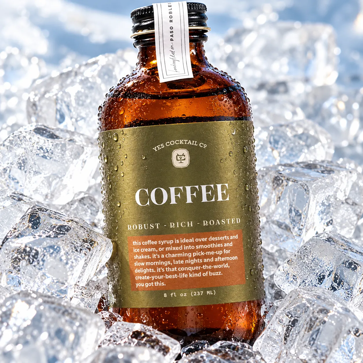 Bottled cold brew on ice with visible condensation, bright natural light, close-up angle, shot on a 100mm macro lens at f/4, fresh energetic mood, cool crisp color grade, commercial product photography, 1:1.