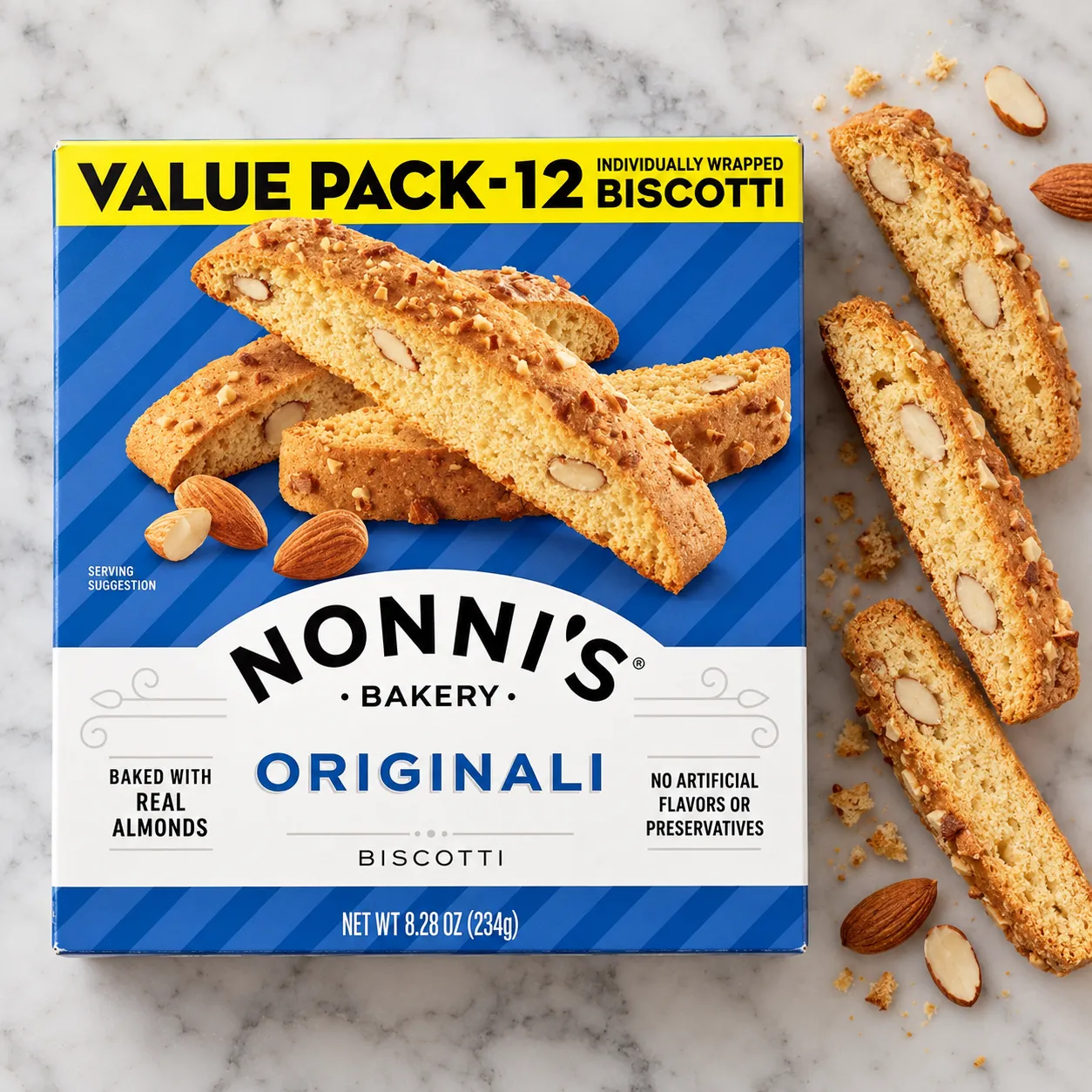 Snack bag on a marble surface with a few pieces arranged beside it, soft even lighting from an overhead diffuser, top-down angle, shot on a 35mm lens at f/8, clean appetizing mood, warm neutral color grade, commercial product photography, 1:1.