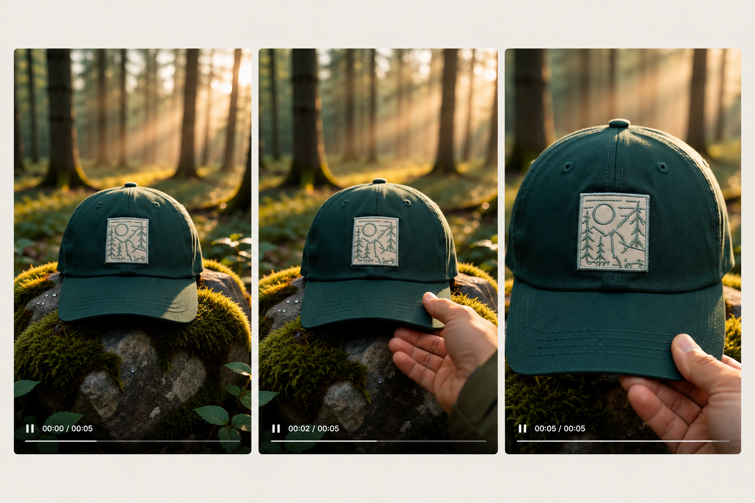 Hailuo AI generated output breakdown: product reveal, hand motion, and embroidered patch closeup