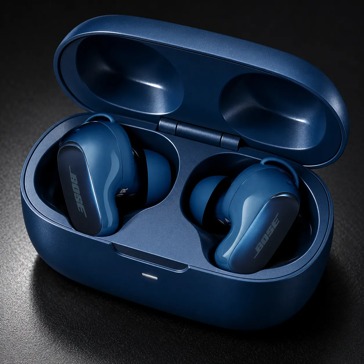 Wireless earbuds case open on a matte black surface, hard studio light from a single spotlight with sharp highlights, close-up angle, shot on a 100mm macro lens at f/5.6, sleek modern mood, high-contrast cool color grade, commercial product photography, 1:1.