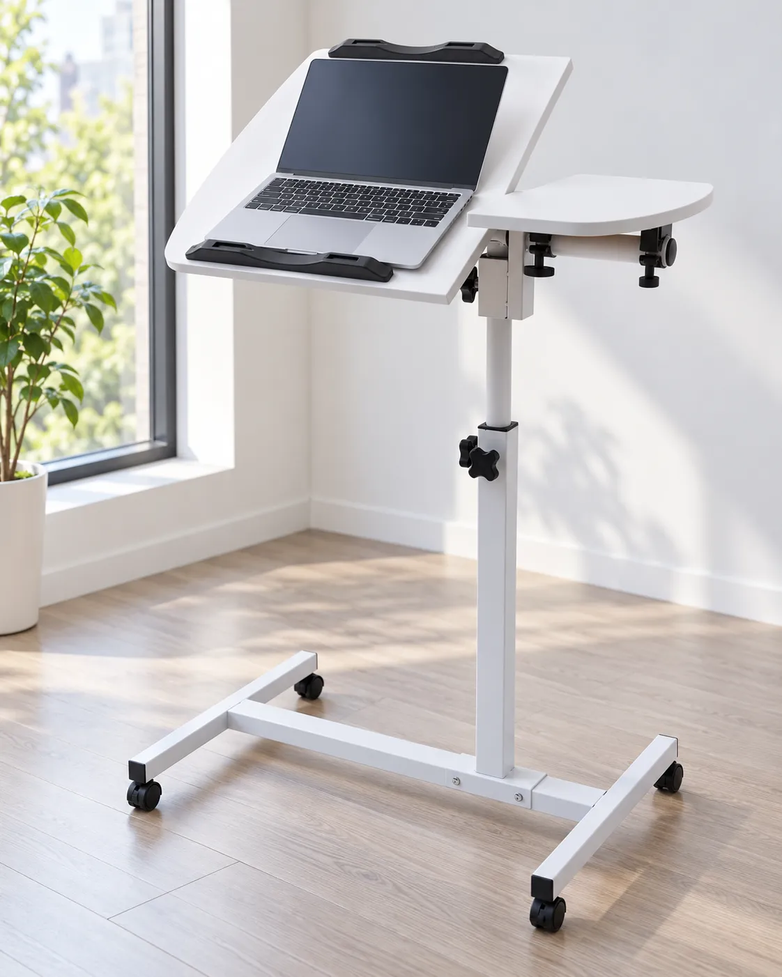 Laptop stand holding a laptop on a minimalist desk, soft daylight from a nearby window, 45-degree angle, shot on a 35mm lens at f/5.6, clean workspace mood, cool neutral color grade, commercial product photography, 4:5.