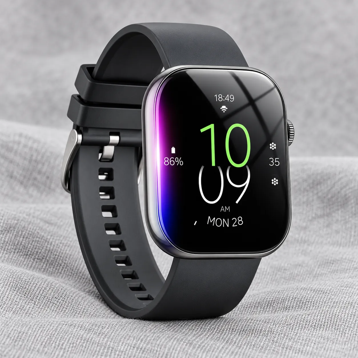 Smartwatch on a light gray fabric surface, even soft lighting from a softbox, straight-on angle, shot on a 100mm macro lens at f/8, minimal tech mood, cool neutral color grade, commercial product photography, 1:1.