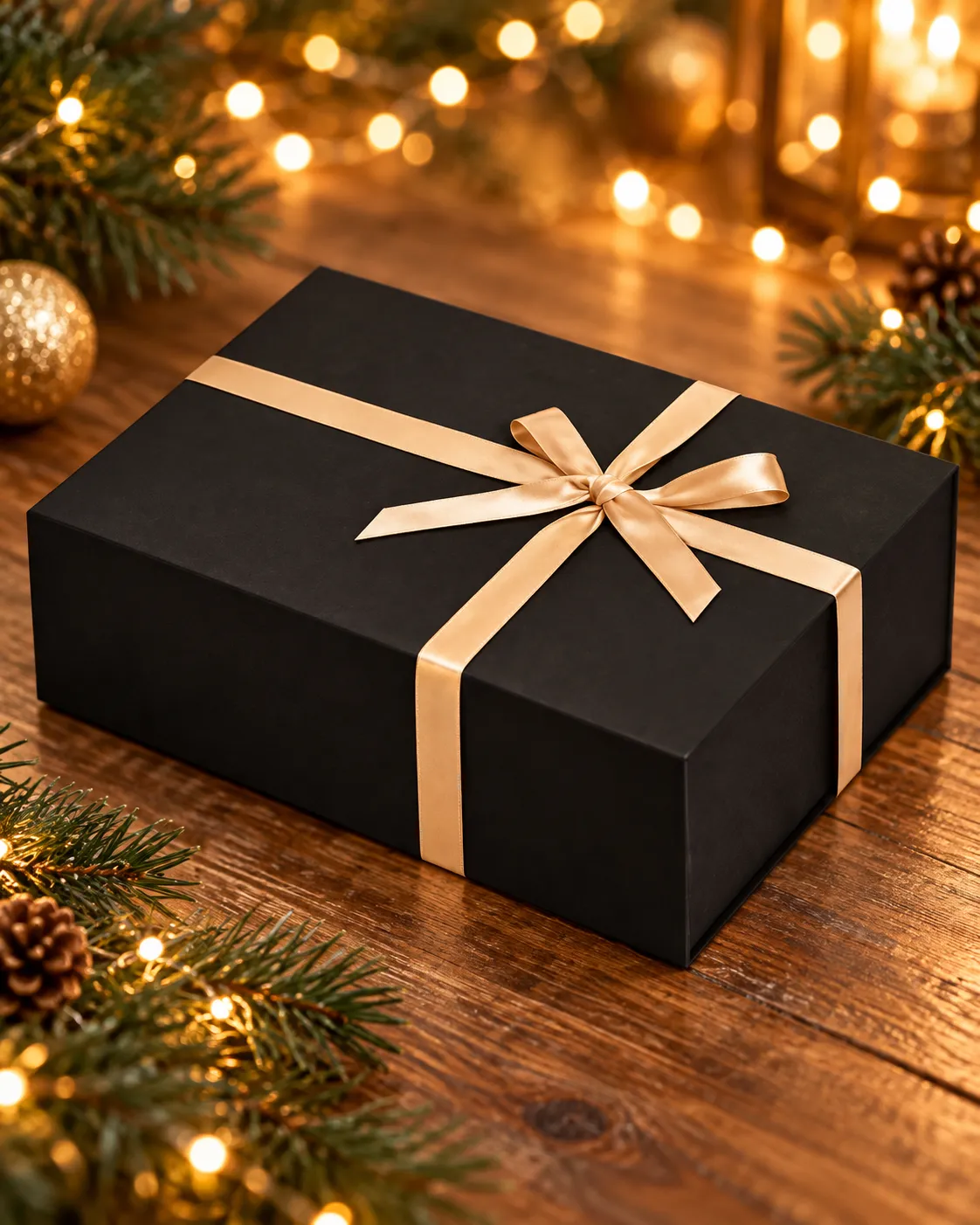 Gift box tied with ribbon on a wooden surface with soft pine branches nearby, warm string-light glow, 45-degree angle, shot on a 50mm lens at f/2.8, festive gifting mood, warm golden color grade, commercial product photography, 4:5.