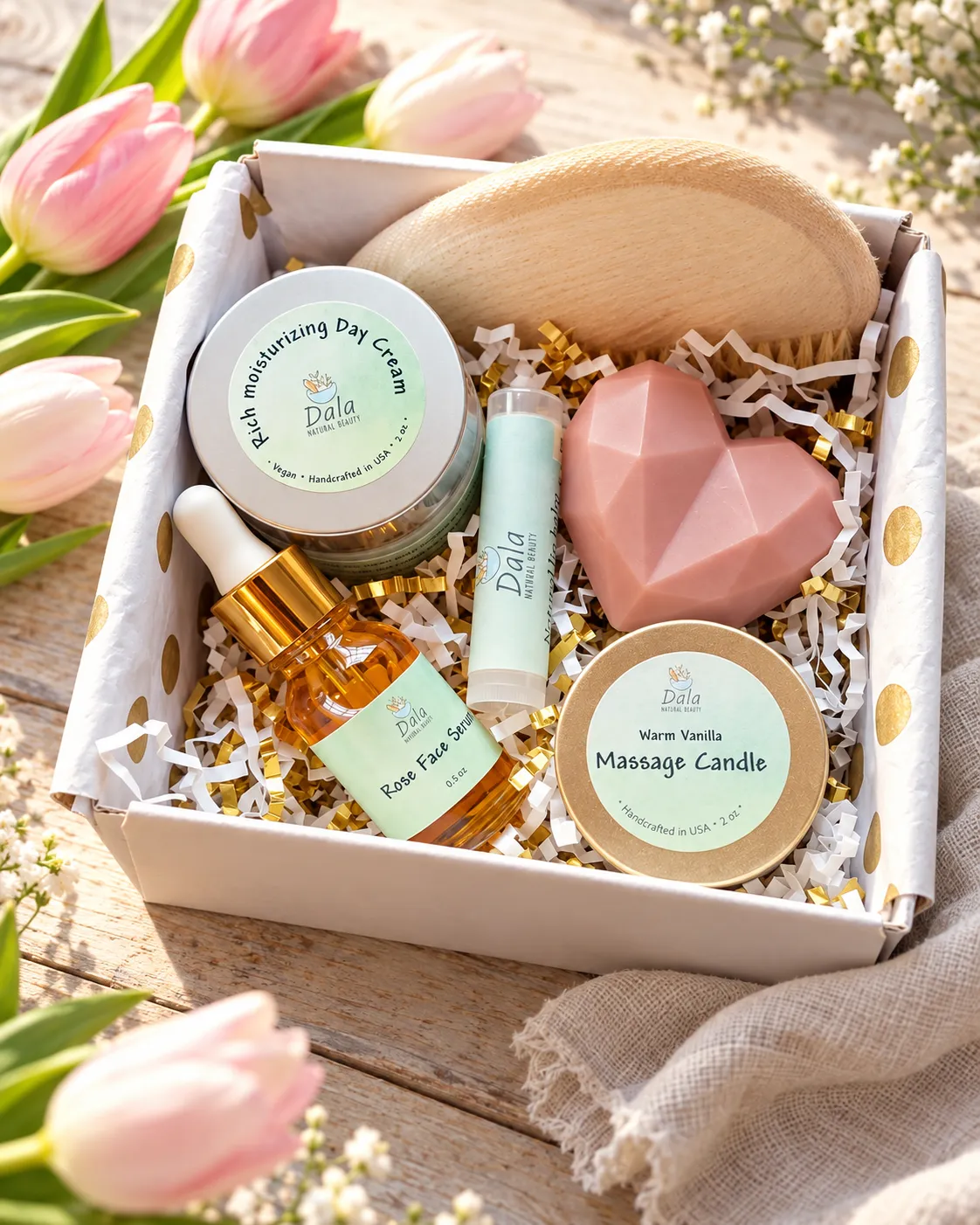 Skincare gift set arranged on a light wooden surface with fresh tulips and a linen napkin, soft natural daylight, 45-degree angle, shot on a 50mm lens at f/4, optimistic spring mood, soft pastel color grade, commercial product photography, 4:5.