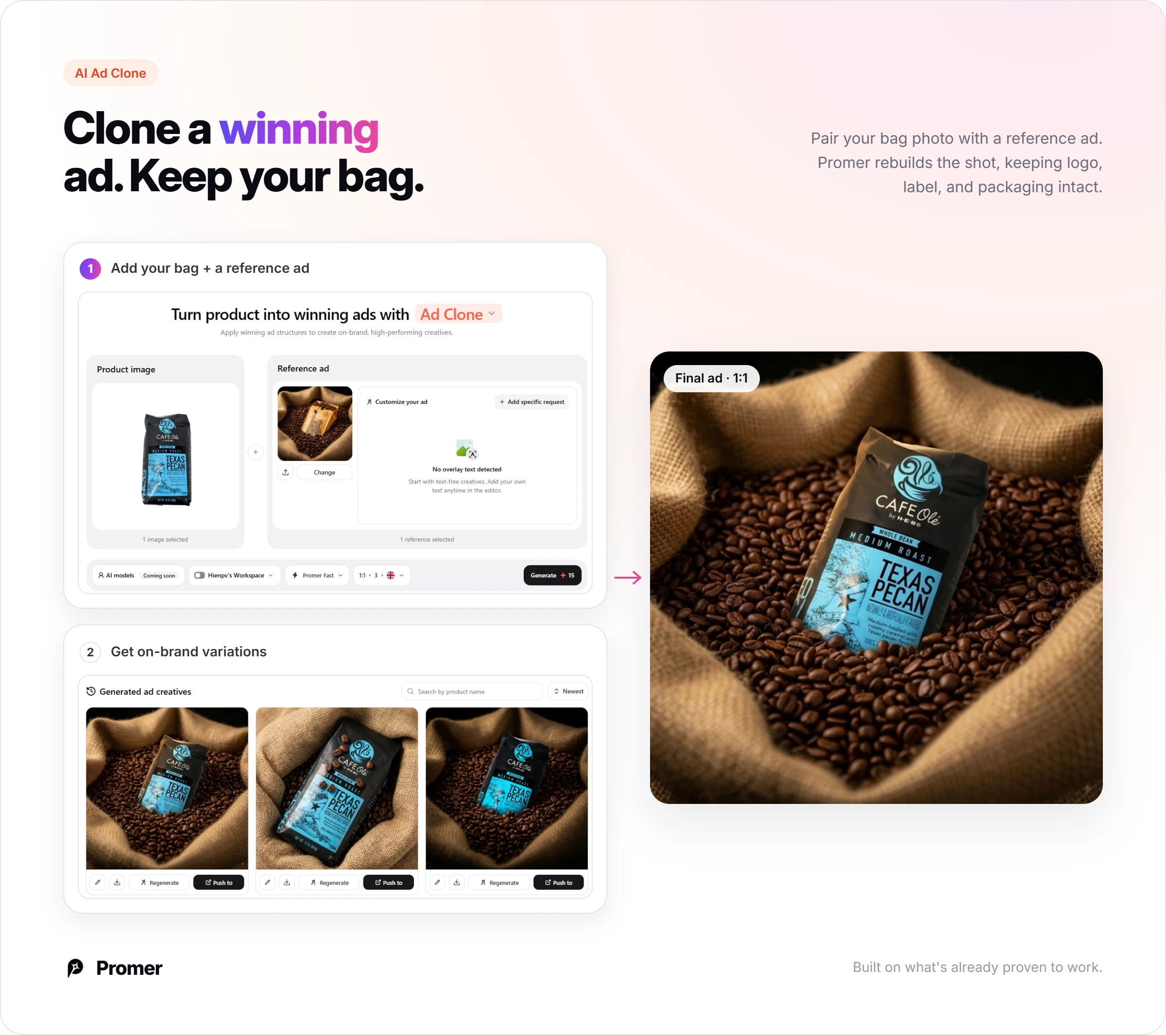 AI Ad Clone flow: a coffee bag photo and a reference ad produce 3 on-brand variations, and one is picked as a final 1:1 ad of the bag in a burlap sack of beans