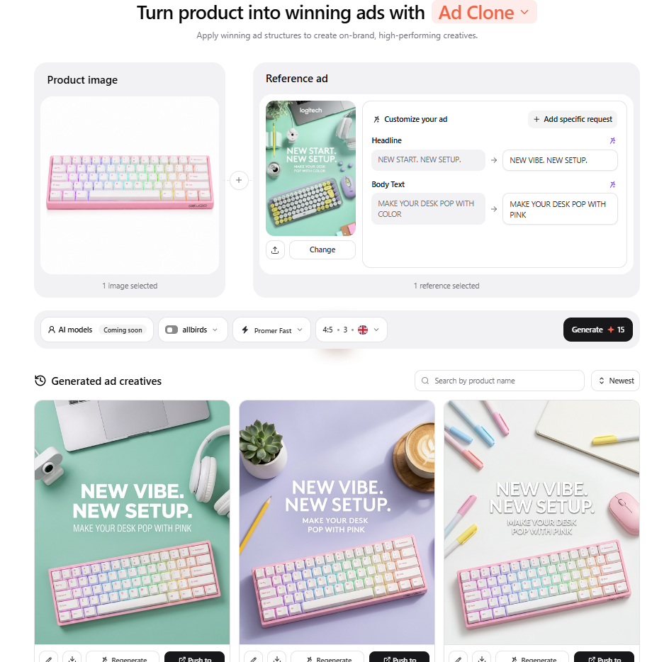 Promer AI Ad Clone builder recreating keyboard reference ad with pink mechanical keyboard variations