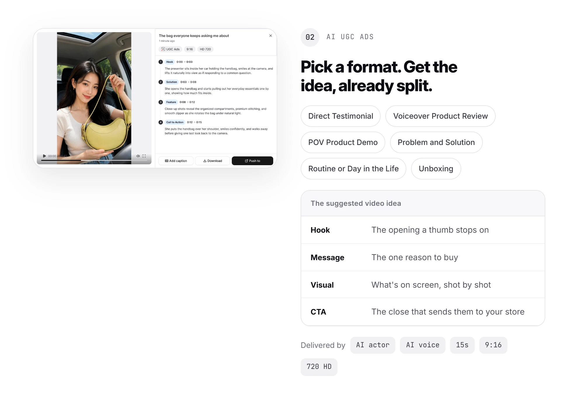 Promer AI step 2, AI UGC Ads: pick a video format and get the suggested idea already split into Hook, Message, Visual, and CTA