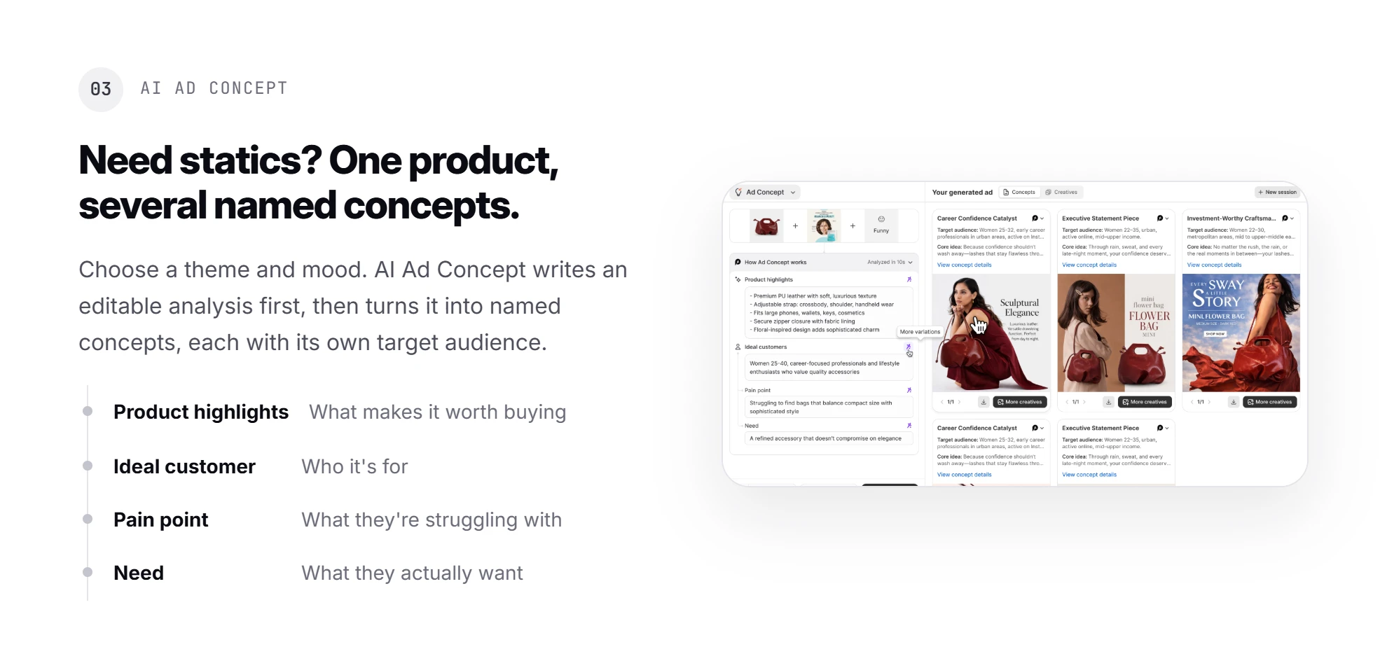 Promer AI step 3, AI Ad Concept: one product turned into several named ad concepts, each with its own target audience