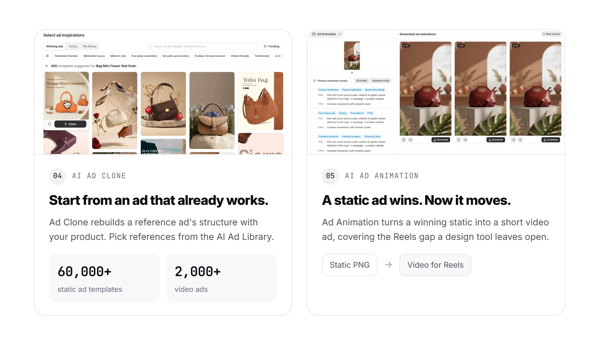 Promer AI steps 4 and 5, AI Ad Clone and AI Ad Animation: rebuild a reference ad with your product, then turn a winning static into a short video ad