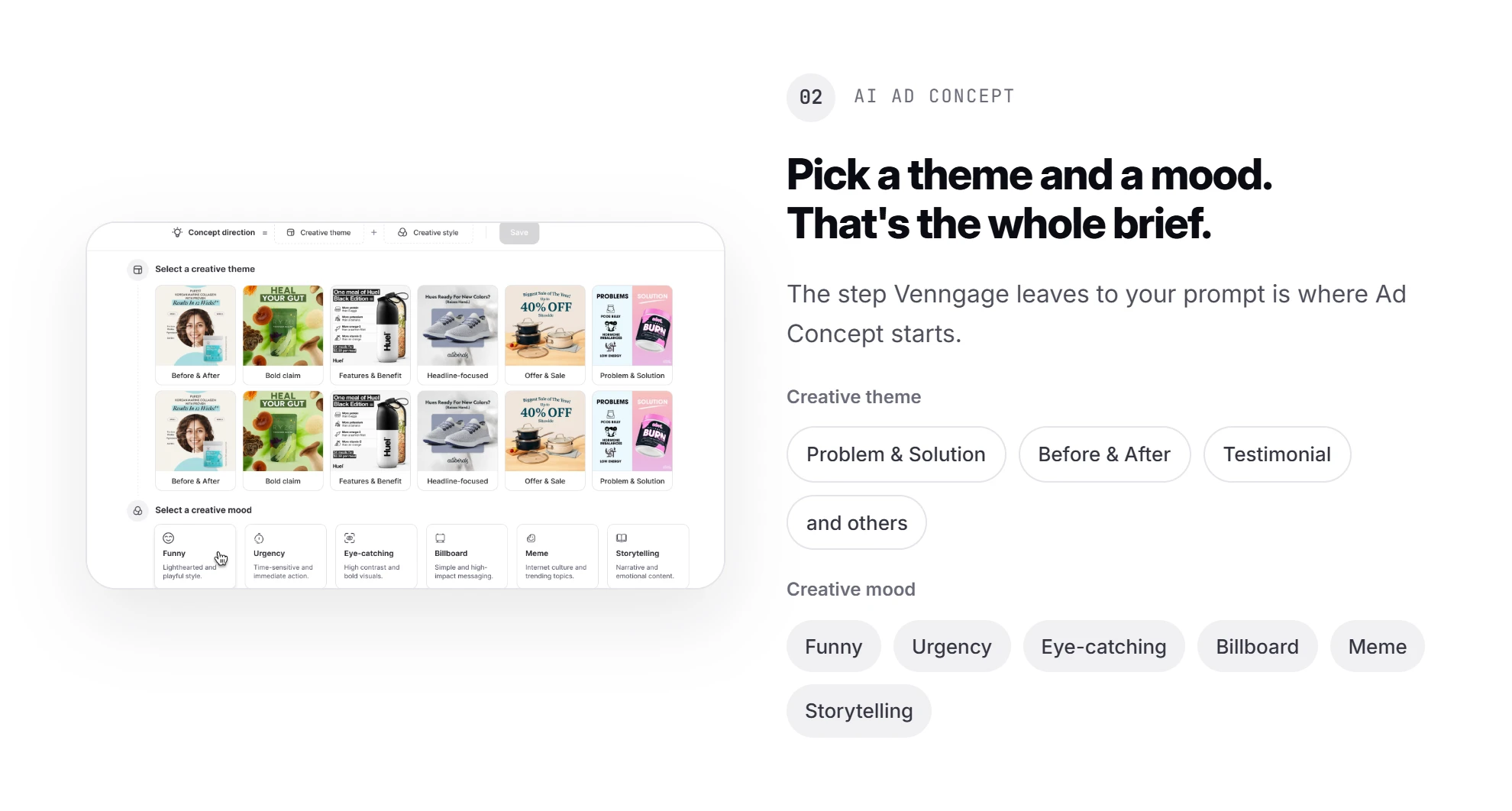 Promer AI step 2, AI Ad Concept: pick a creative theme and a creative mood