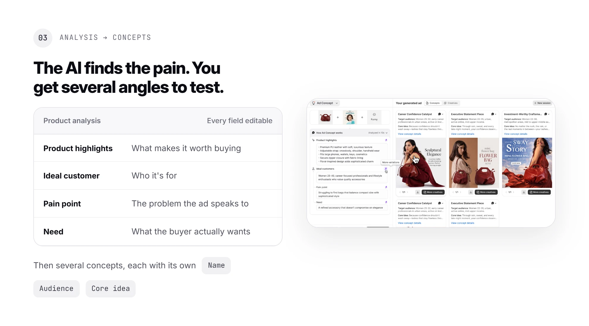 Promer AI step 3, analysis to concepts: the AI finds the pain and returns several ad angles to test
