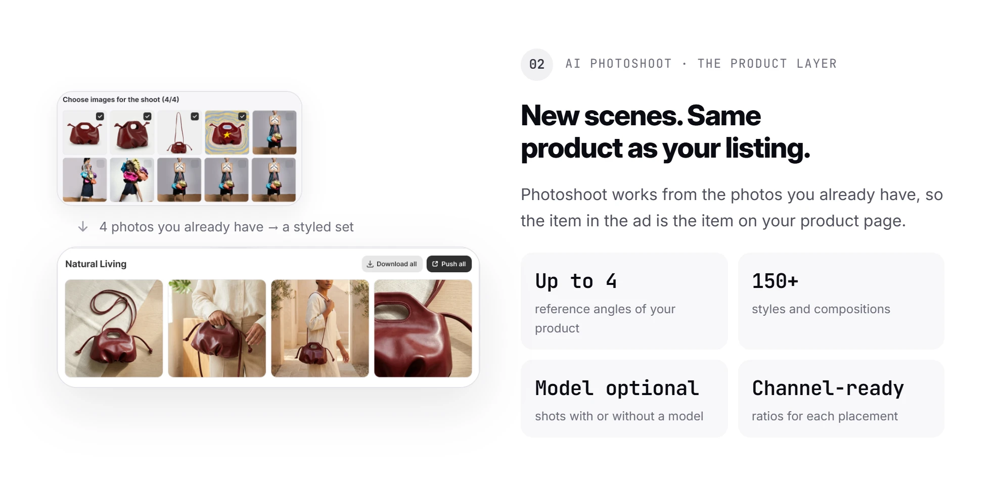 Promer AI step 2, AI Photoshoot: new scenes generated from the same product as your listing, from up to 4 reference angles
