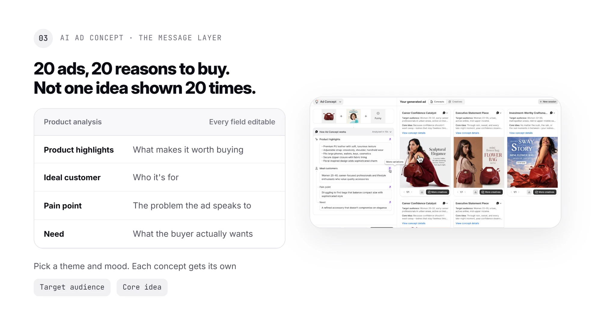 Promer AI step 3, AI Ad Concept: 20 ads testing 20 different reasons to buy instead of one idea shown 20 times