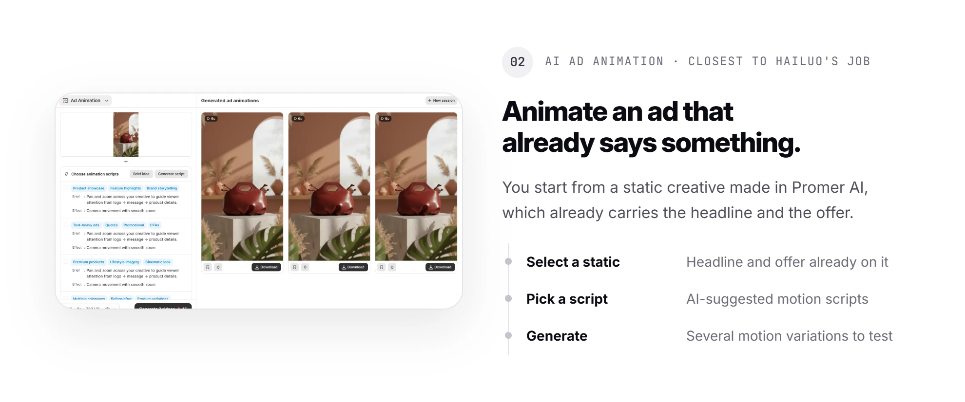 Promer AI step 2, AI Ad Animation: animate an ad that already says something