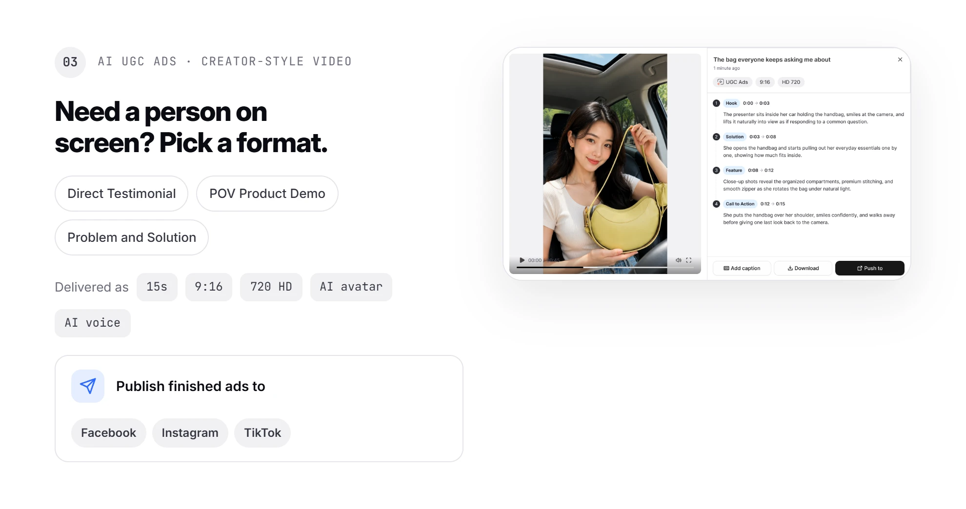 Promer AI step 3, AI UGC Ads: need a person on screen, pick a format
