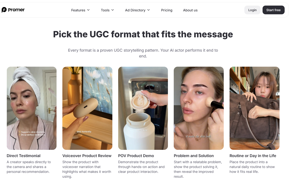 Promer AI UGC Ads page with UGC formats