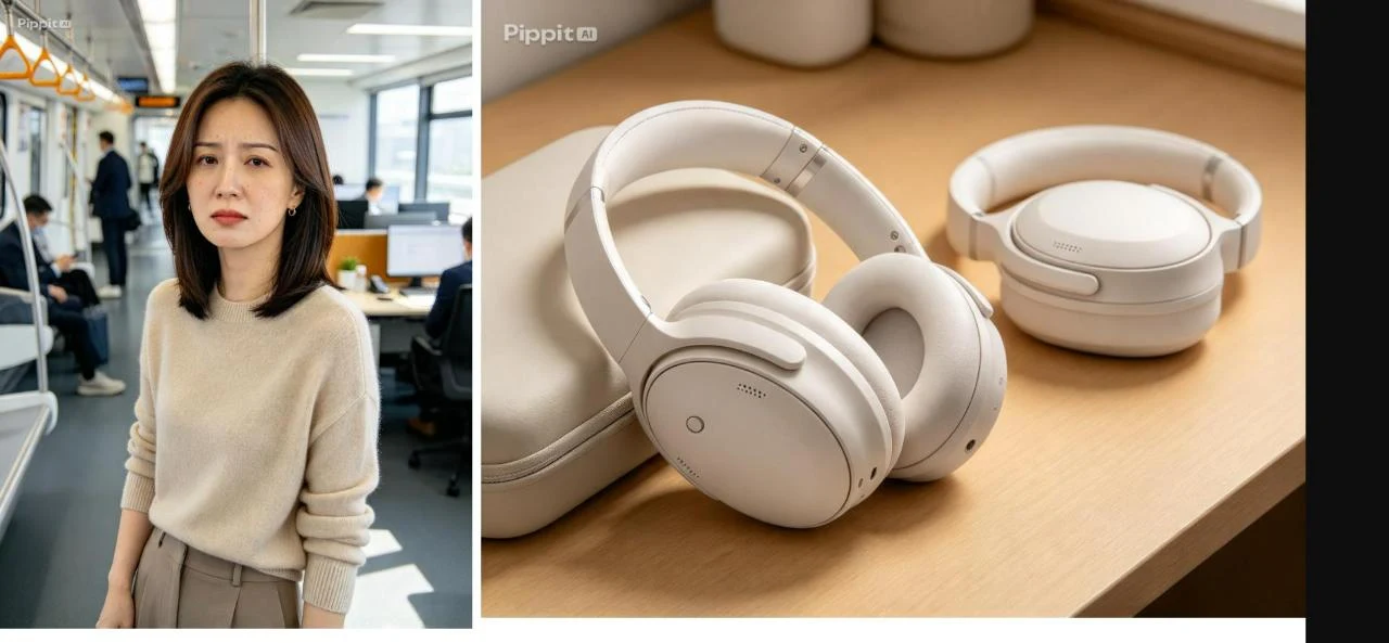 Two Pippit reference images: a commuter on a train and white headphones beside a case