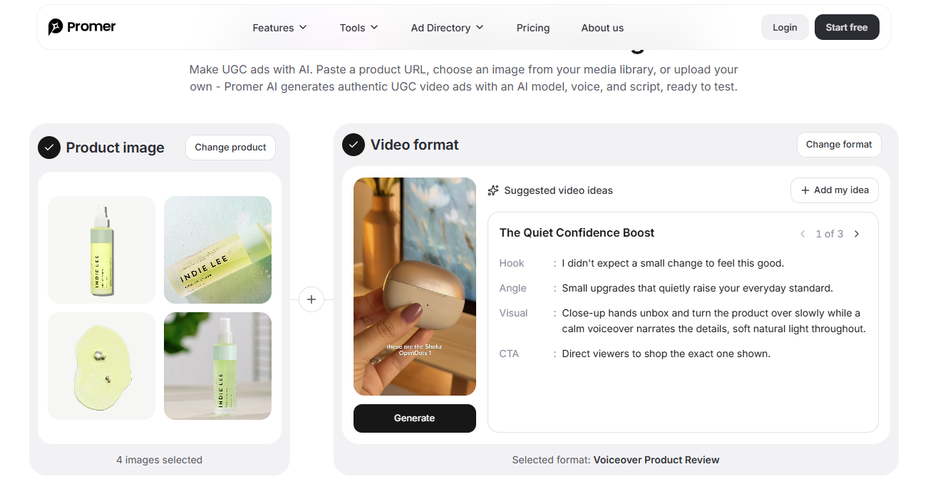Promer AI UGC Ads idea step with suggested hook, message, visual, and CTA