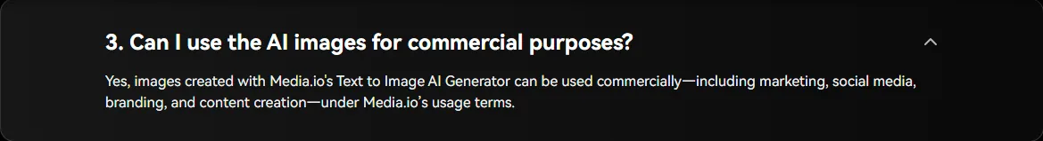 Media.io image generator FAQ: AI images can be used commercially under Media.io's usage terms