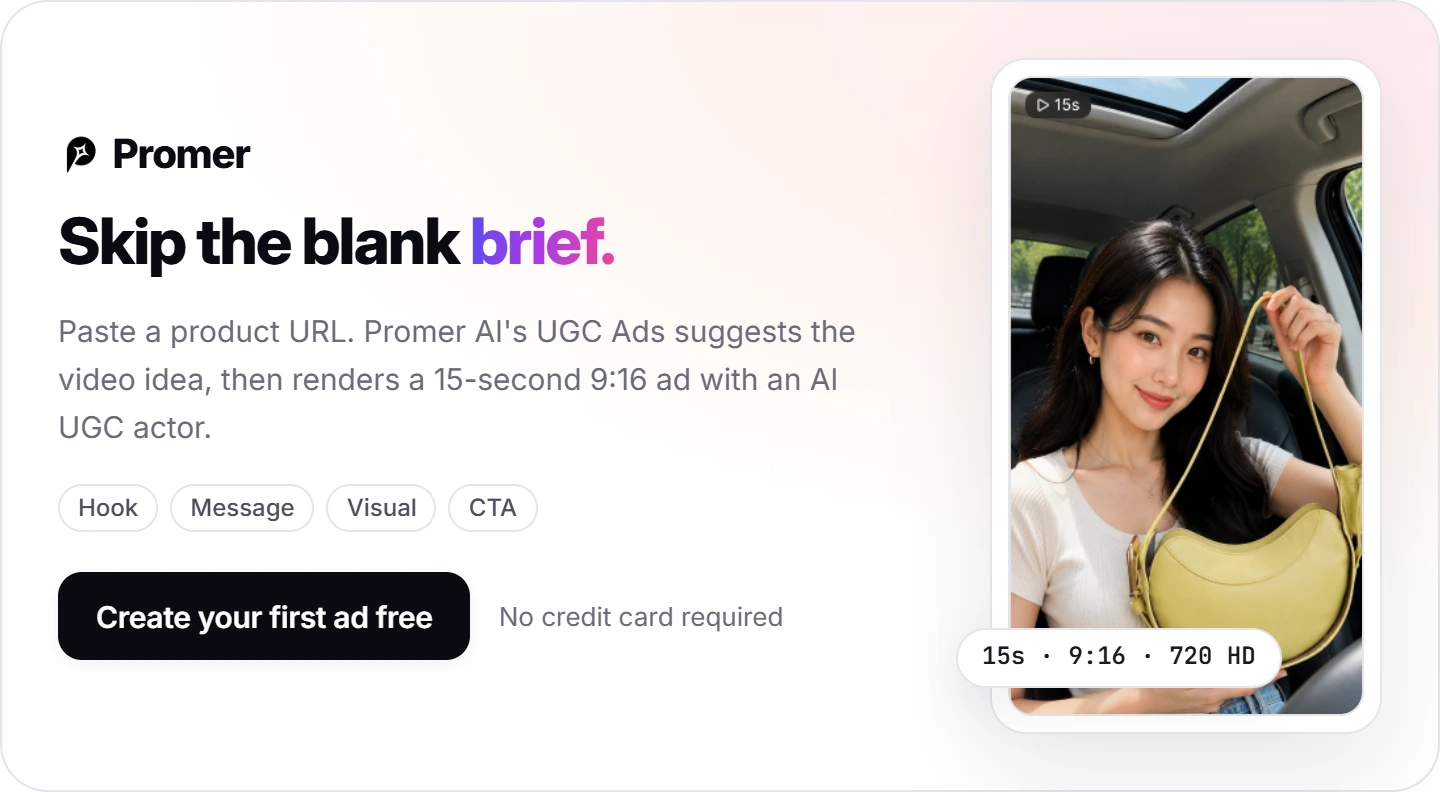 Promer AI UGC Ads video preview at 15 seconds, 9:16, 720 HD, with a Create your first ad free button