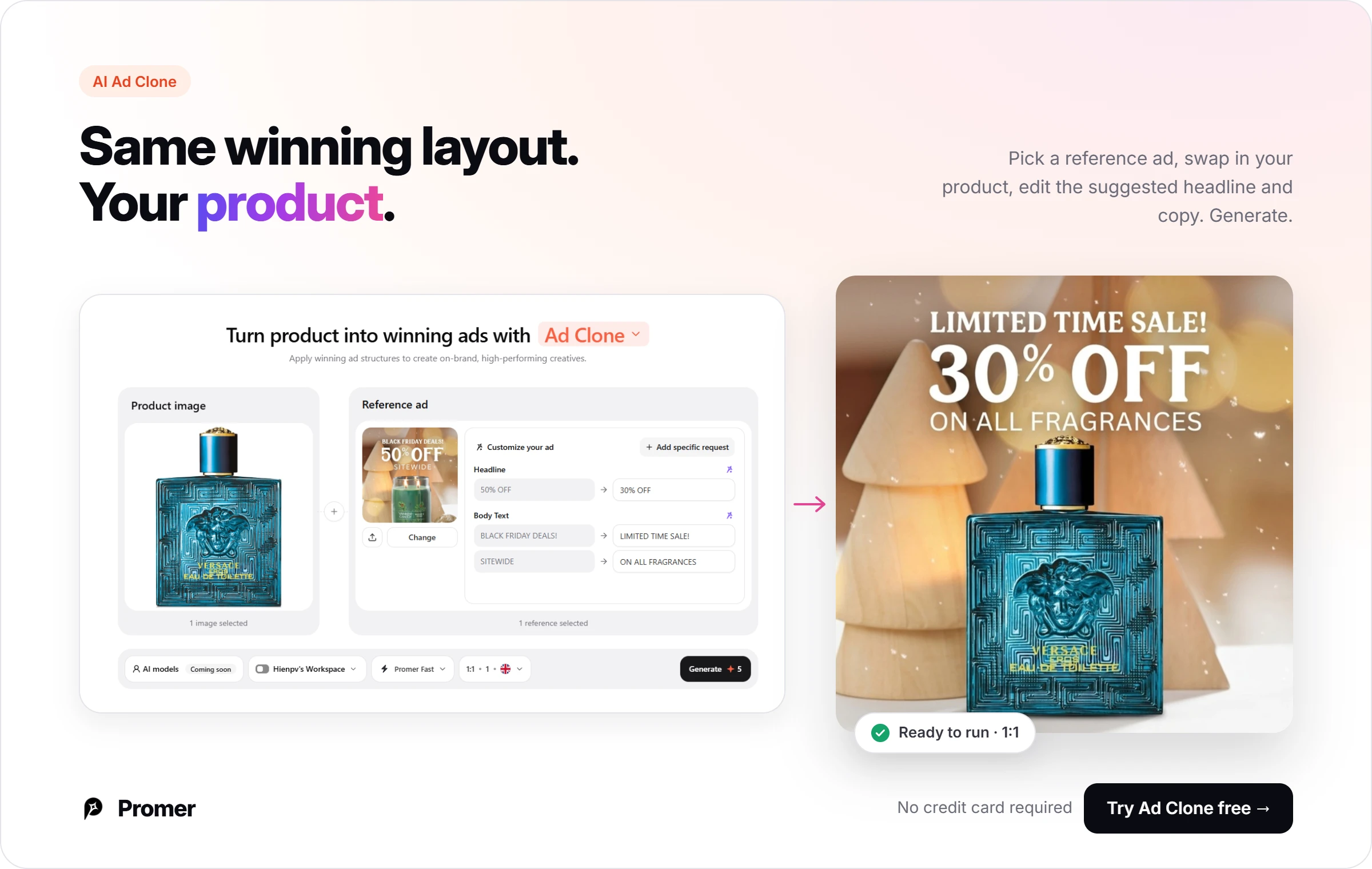 Promer AI's AI Ad Clone interface turning a Black Friday reference ad into a new ad for a different product
