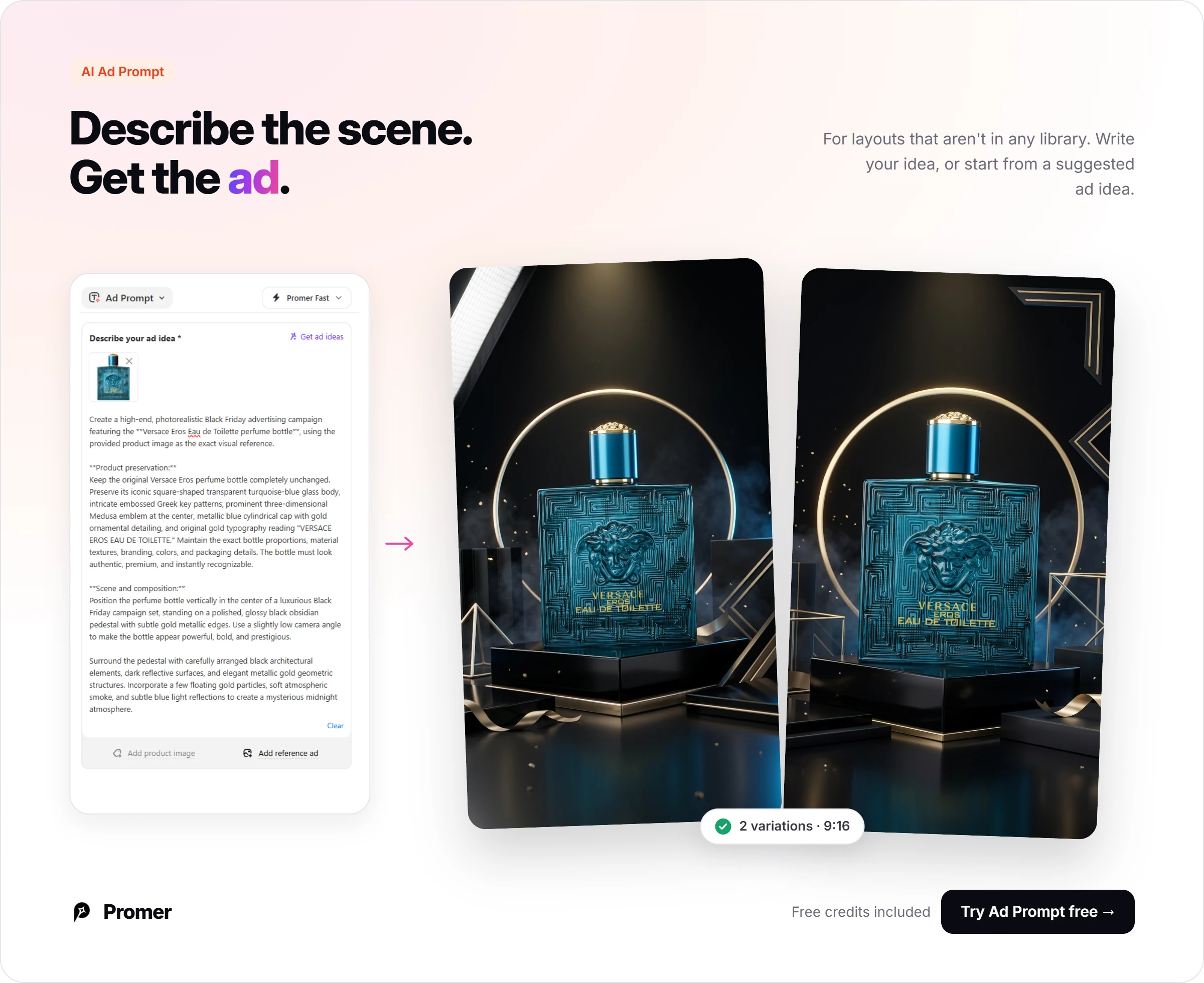 Promer AI's AI Ad Prompt interface generating a Black Friday fragrance ad from a text description of the scene