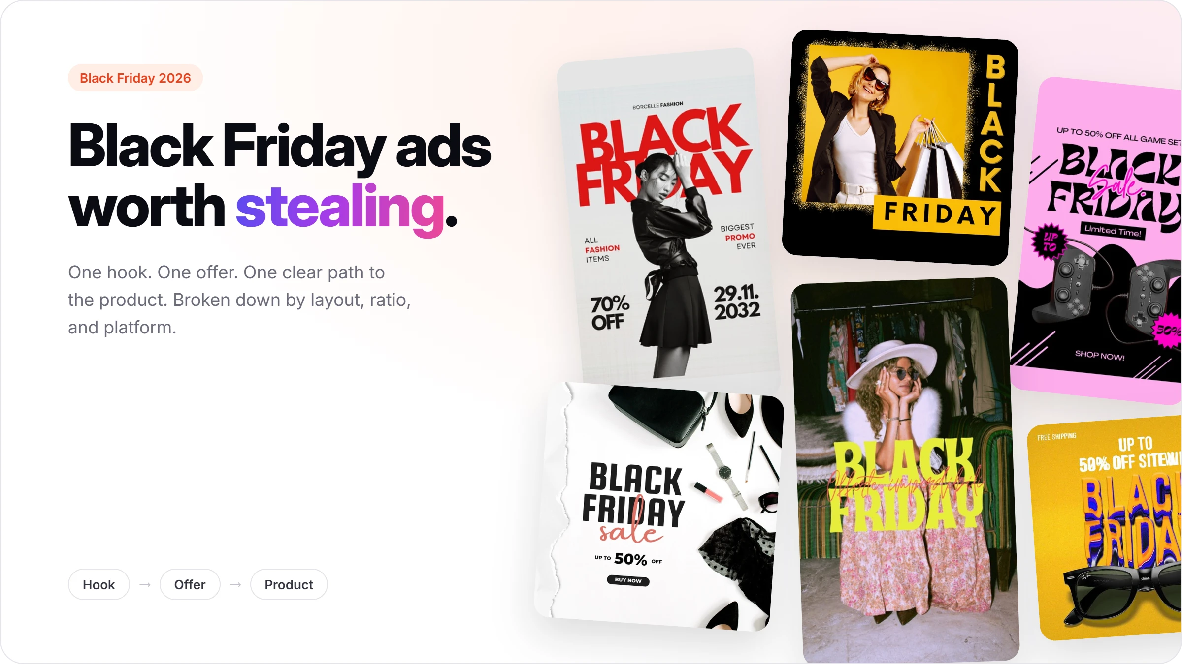 Black Friday ads worth stealing hero graphic showing a collage of Black Friday ad examples with the hook, offer, product framework