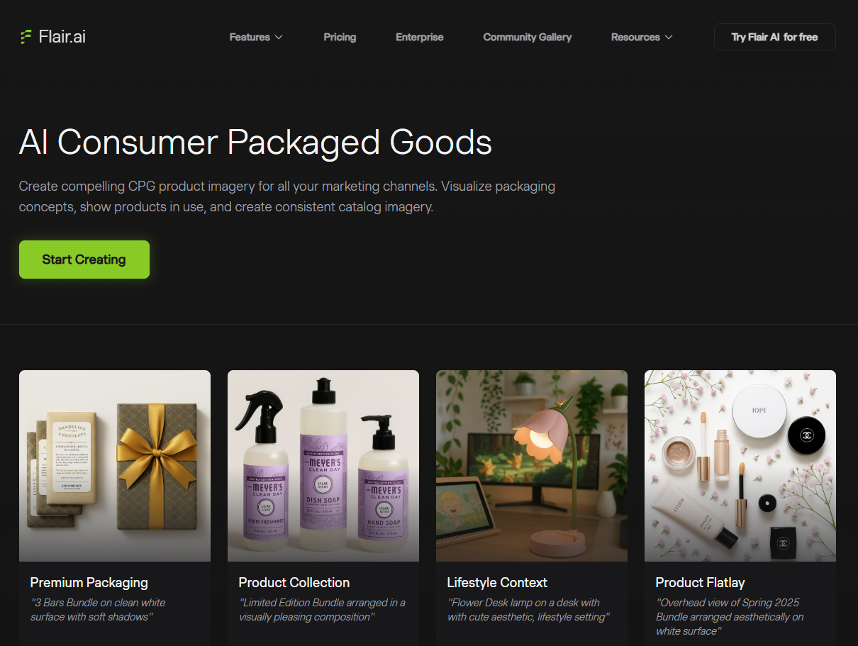 Flair AI consumer packaged goods page with sample scene prompts shown beside each generated image