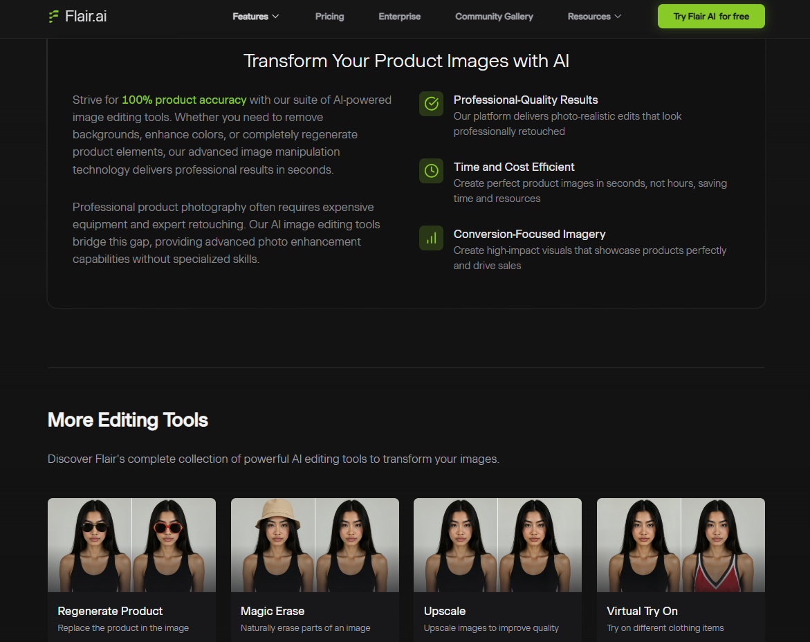 Flair AI Regenerate Product page with the Strive for 100% product accuracy line