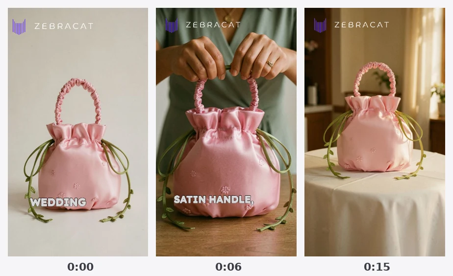 Zebracat AI review test: three frames of the pink bag ad at 0:00, 0:06 and 0:15