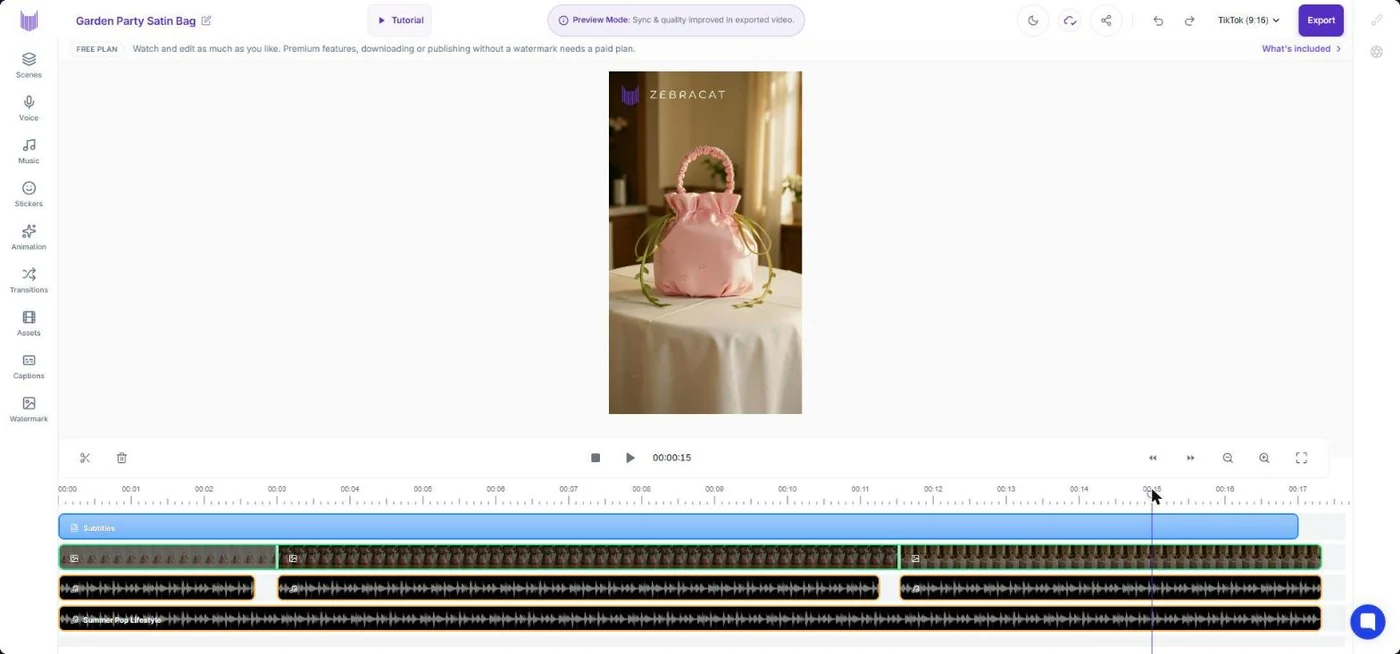 Zebracat free plan editor with three scenes, voiceover tracks and a Summer Pop Lifestyle music track