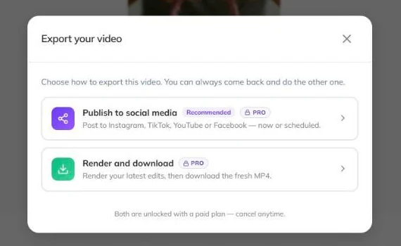 Zebracat export dialog with Publish to social media and Render and download both marked PRO