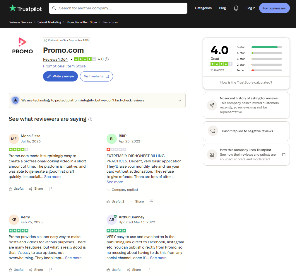 Promo.com Trustpilot profile showing a 4.0 TrustScore from 1,064 reviews