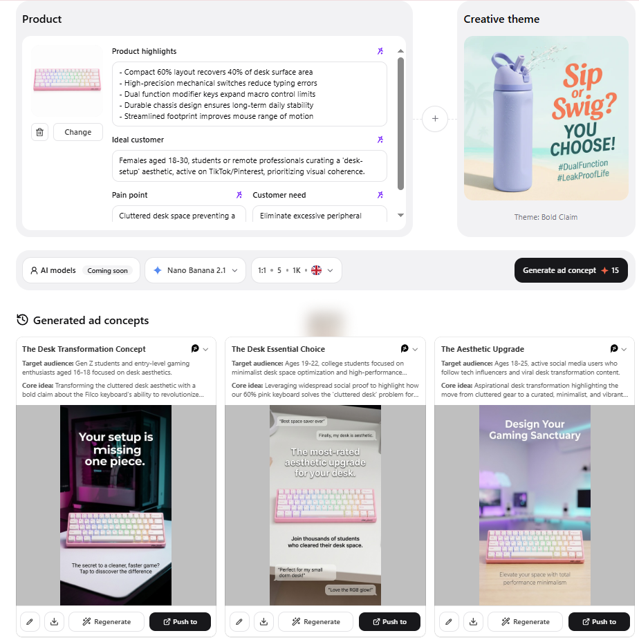Promer AI Ad Concept in 3 steps: add product, pick creative direction, generate concepts