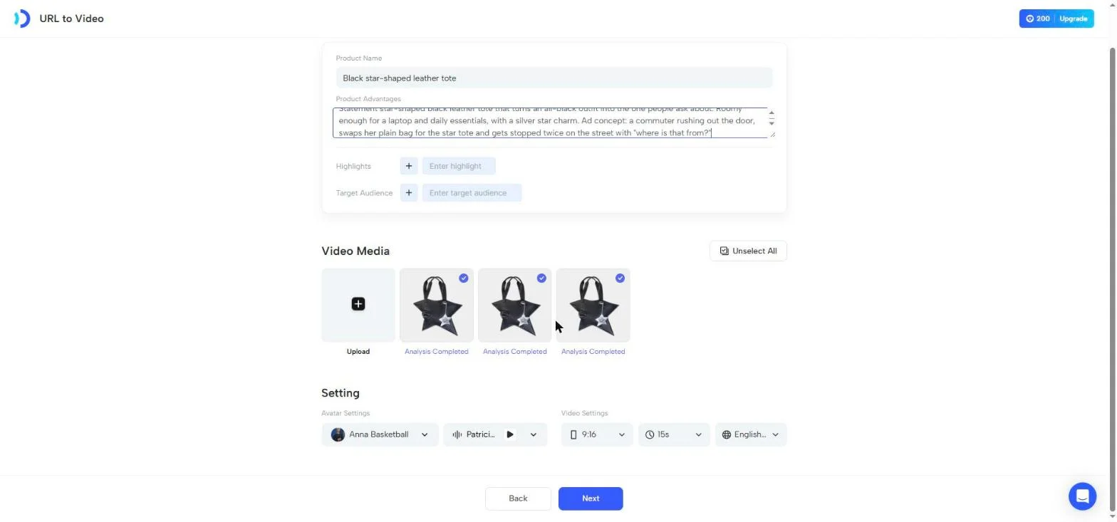 Jogg AI URL to Video form with a star tote brief, 3 images and 9:16 settings