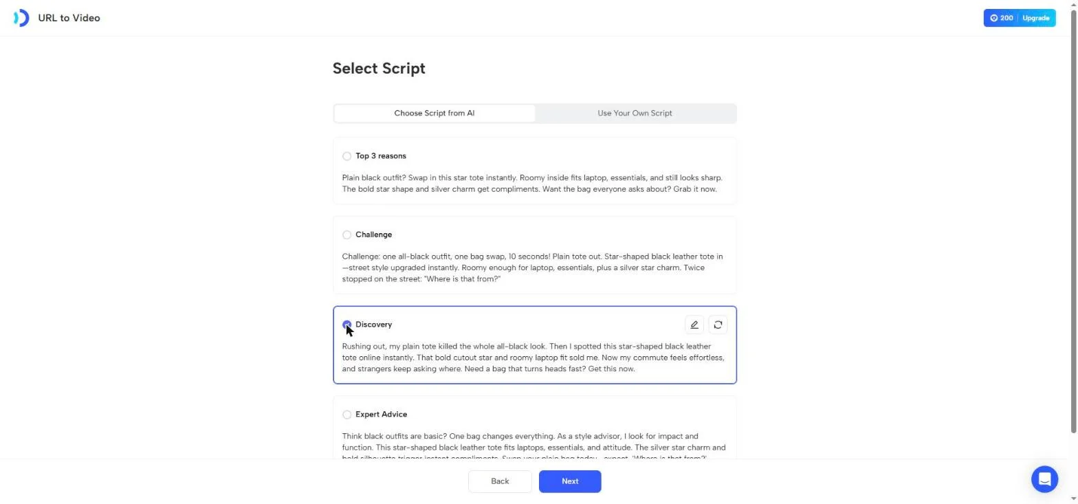 Jogg AI script step offering Top 3 reasons, Challenge, Discovery and Expert Advice for a tote