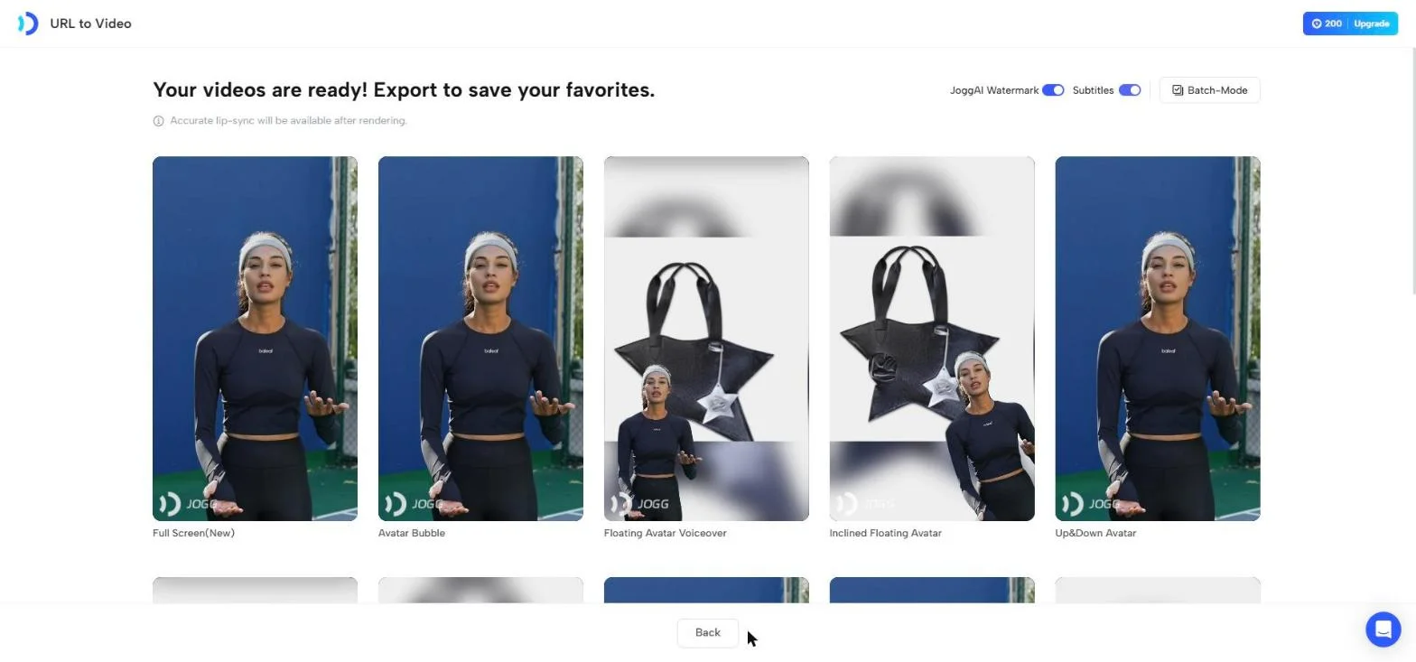Jogg AI preview grid showing a black star tote beside an avatar in 5 layouts