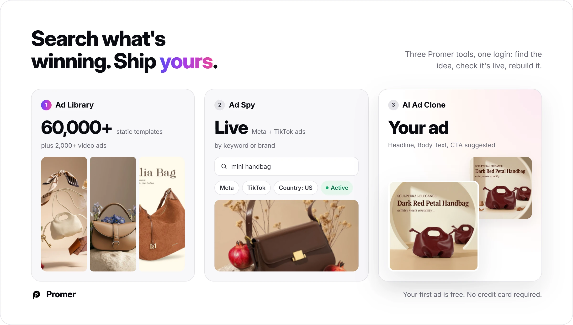 Promer AI tools in one login: AI Ad Library templates, AI Ad Spy live ad search and AI Ad Clone output