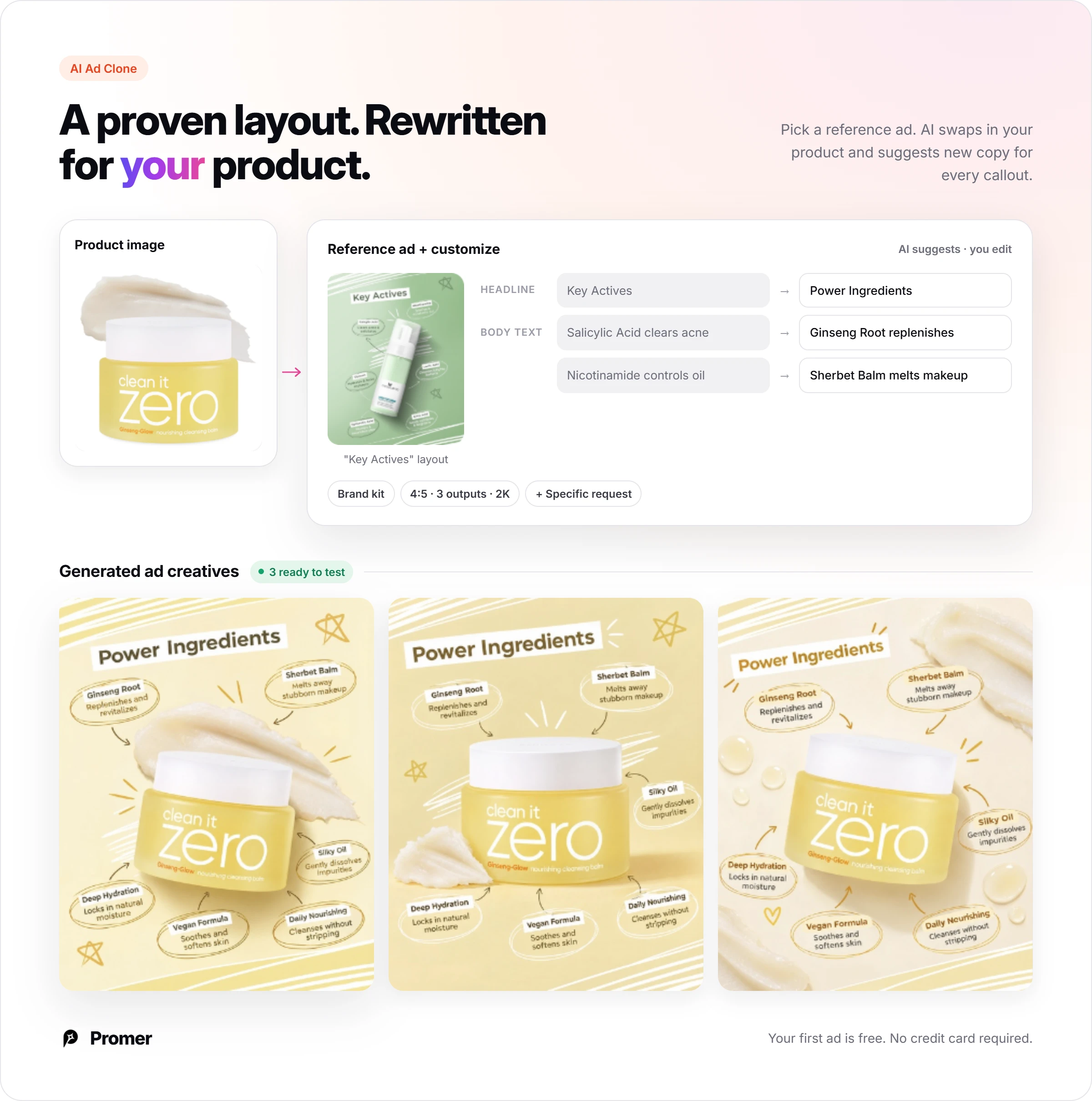 AI Ad Clone rewrites a skincare reference ad's callouts for a new product and generates 3 ad creatives